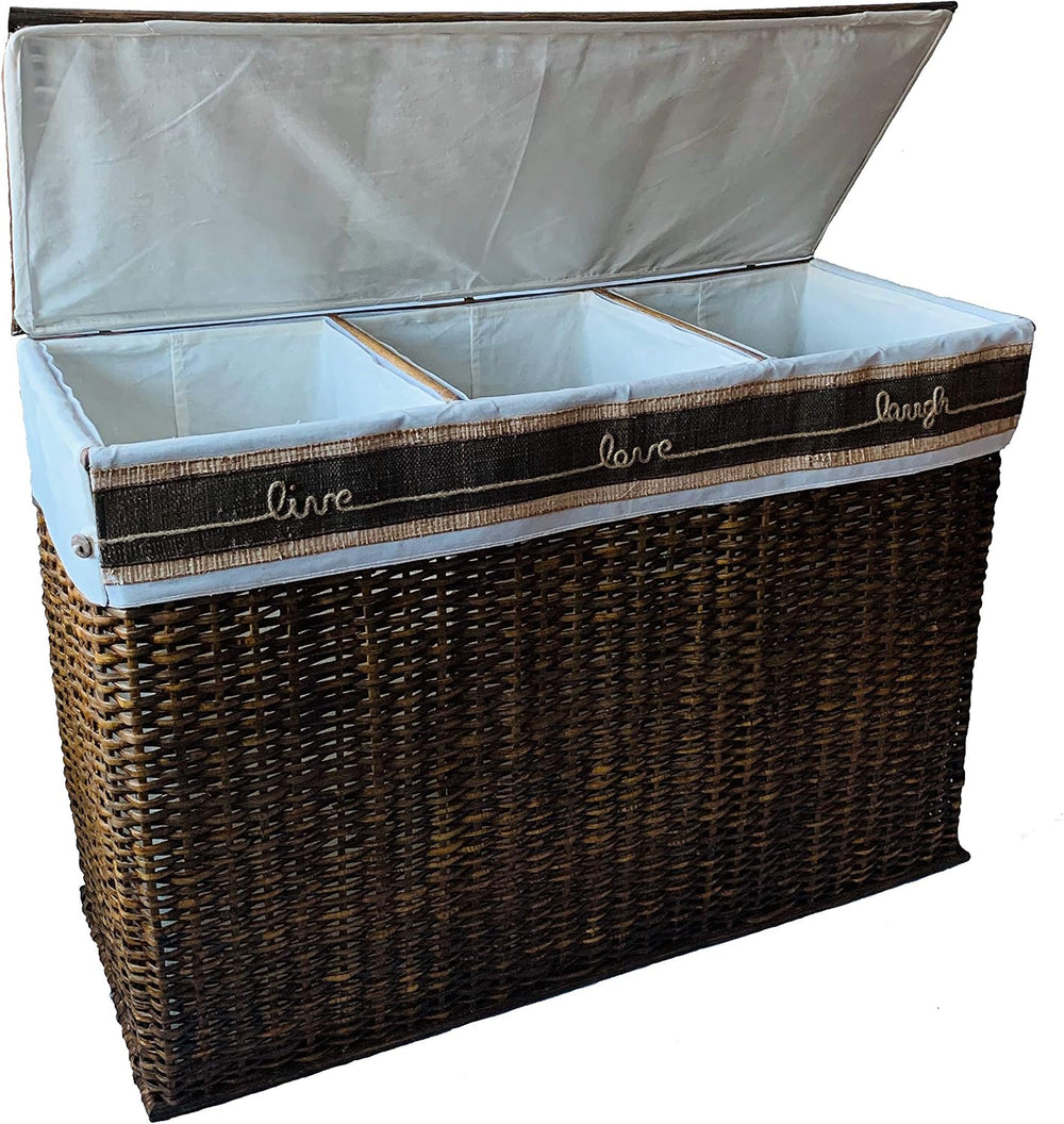 Handcrafted Wicker Oversized 3 Section Divided Laundry Hamper Sorter and Orga...