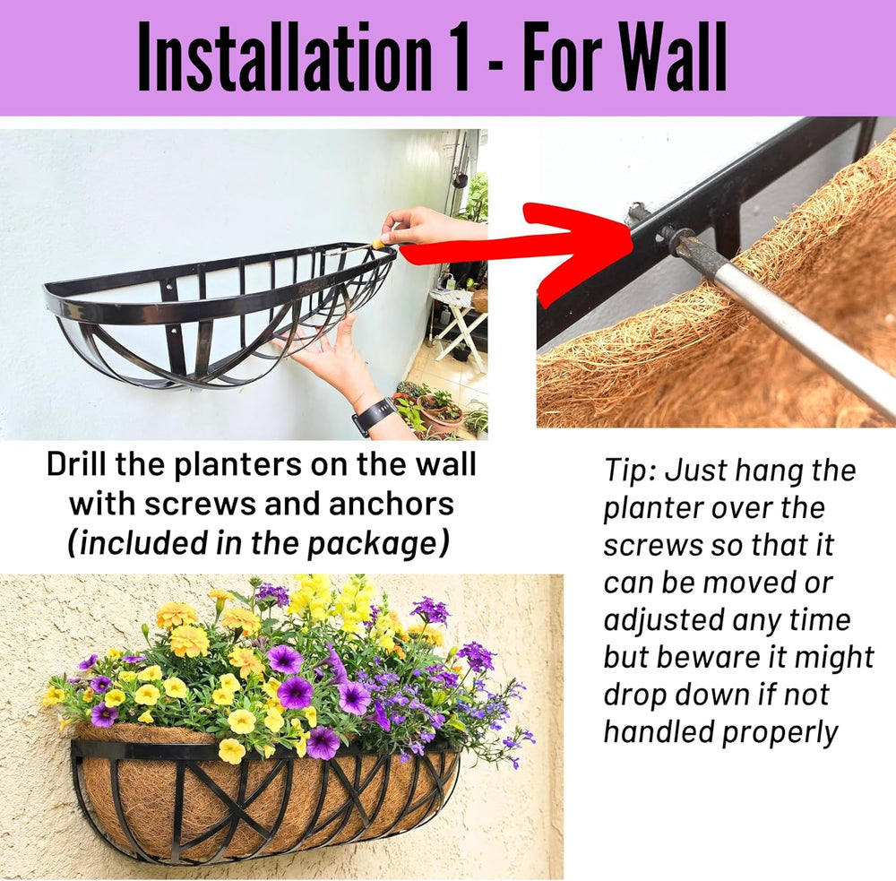 LaLaGreen Flower Wall Planter (24 in, 4 Pack) Black Metal Window Boxes