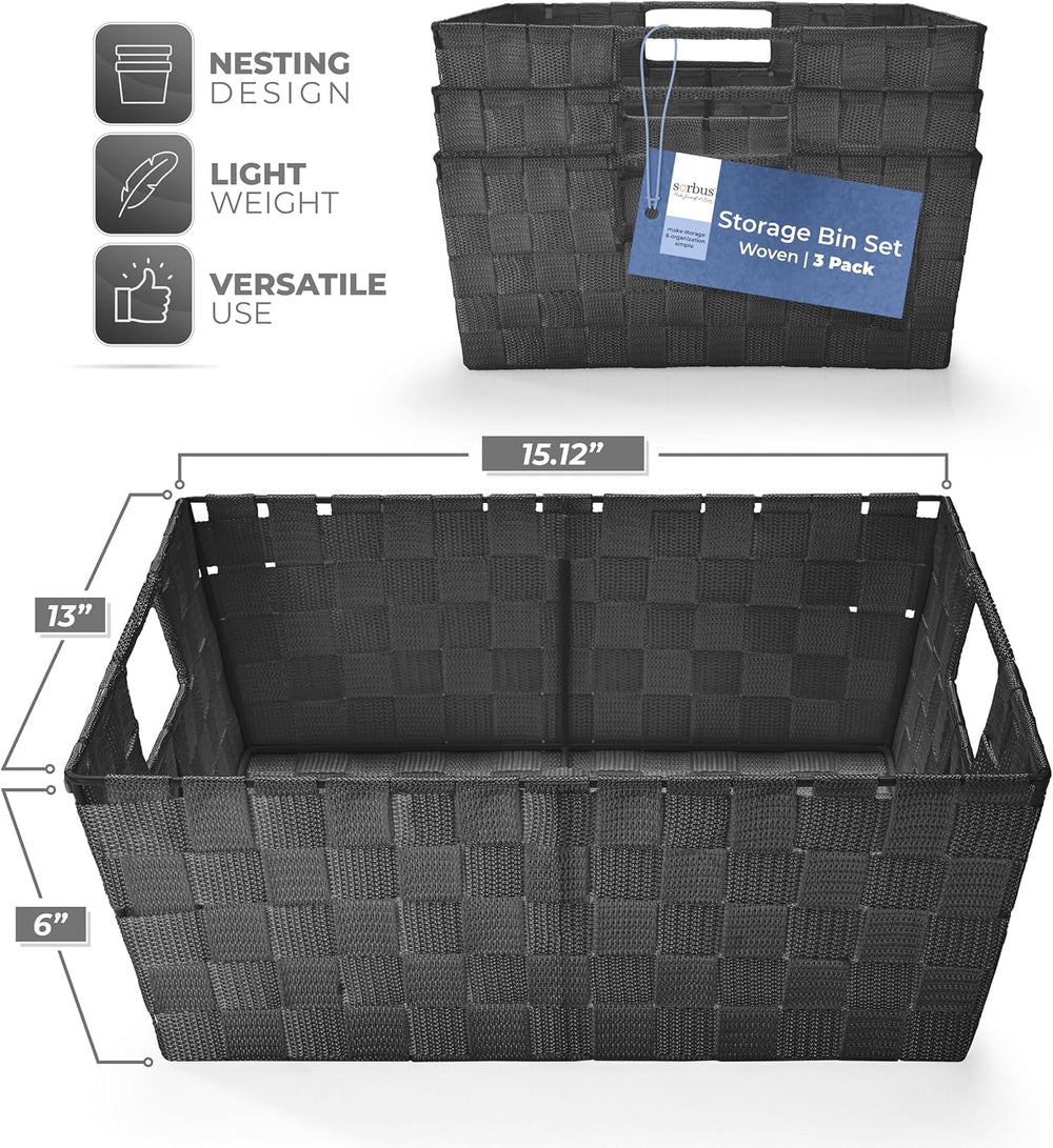 Sorbus Baskets for Organizing, Woven Storage Set (Set of 3, Black)