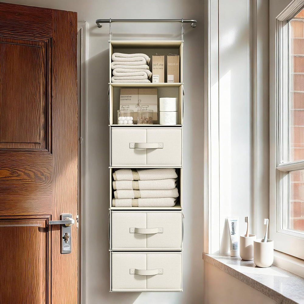Vailando 6-Shelf Hanging Closet Organizer with 3 Fabric Drawers, Beige