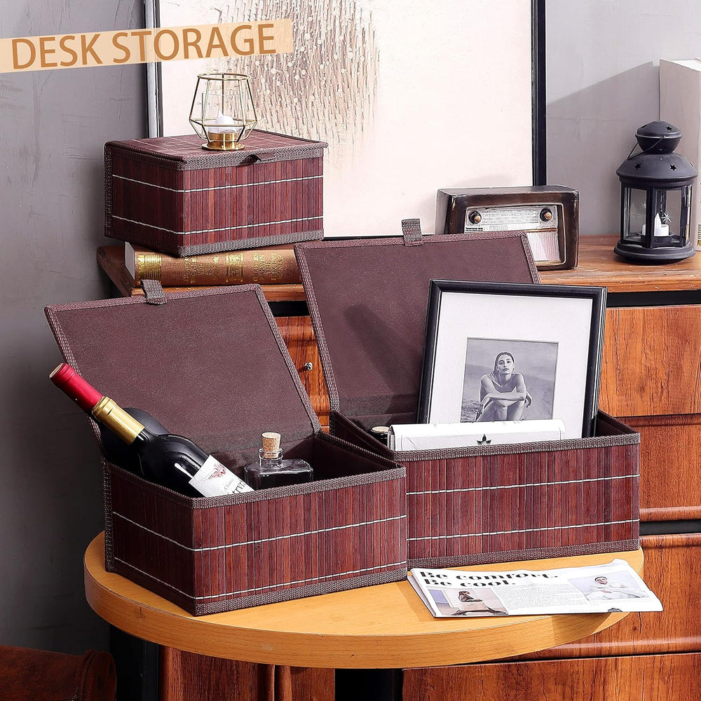 Bamboo Decorative Storage Boxes - Set of 3 Woven Lined Storage Basket with Li...