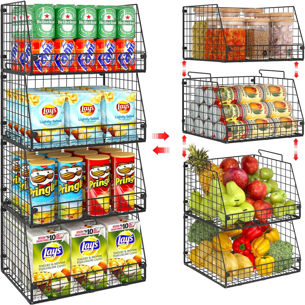 4 Pack XXL Stackable Wire Storage Basket, Extra Large Capacity Pantry Organiz...