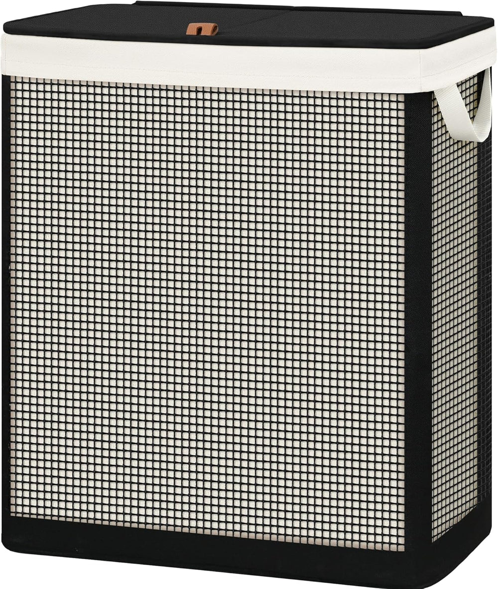 2 Section Laundry Hamper with Lid, 140L Steel-Frame Double Laundry Hamper wit...