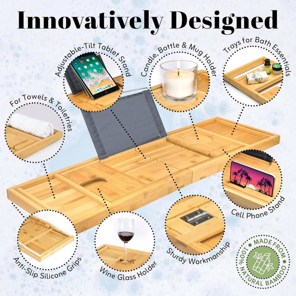 Home It Premium Bathtub Tray Caddy - Foldable, Expandable, Fits Most Tubs