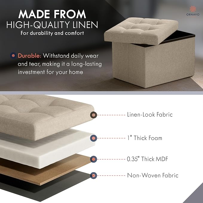 Ornavo Home Small Storage Ottoman, Foldable Collapsible Rectangle Linen Ottom...