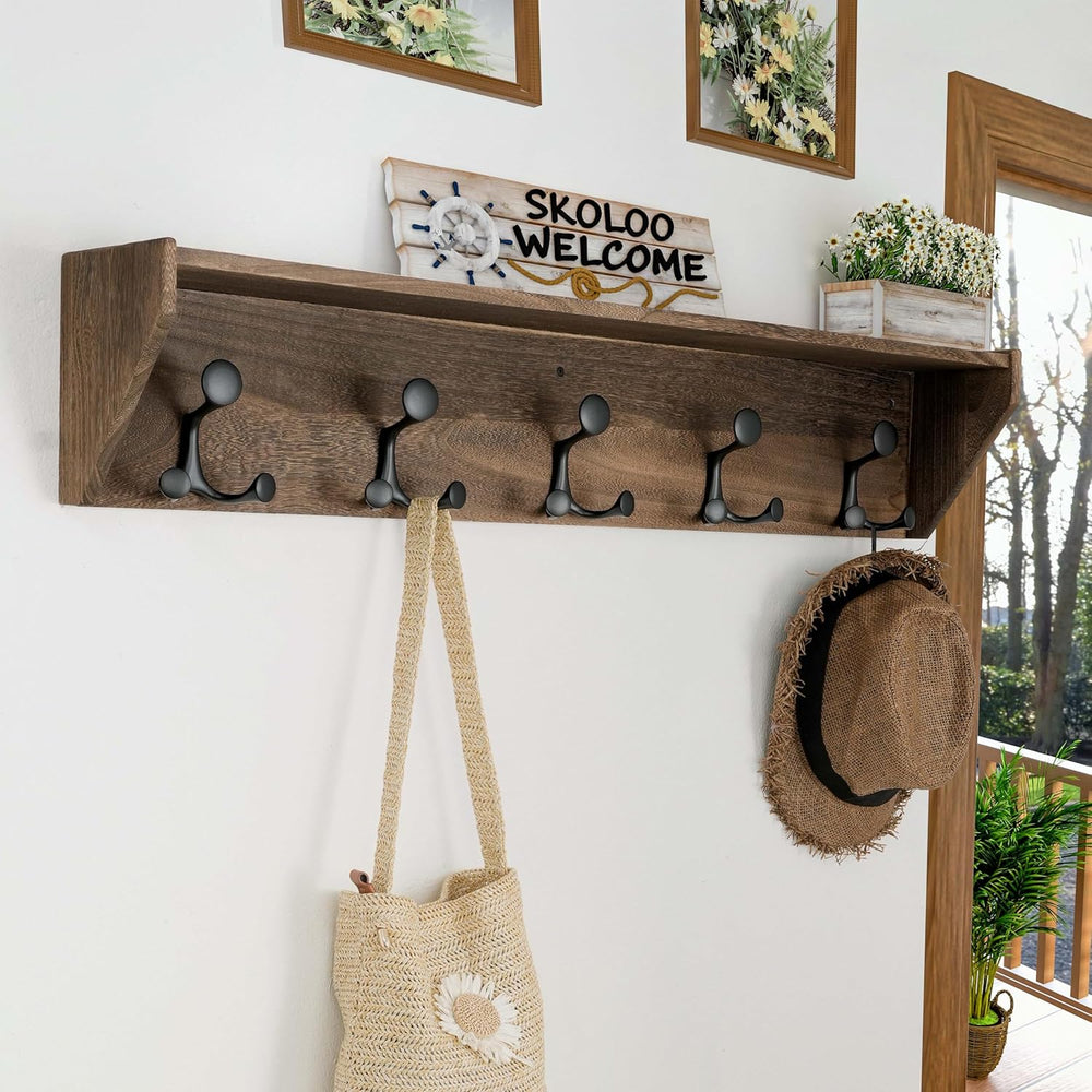 SKOLOO Wall Shelf with Hooks, 35-Inch Weathered Brown Wall Mounted Coat Rack ...