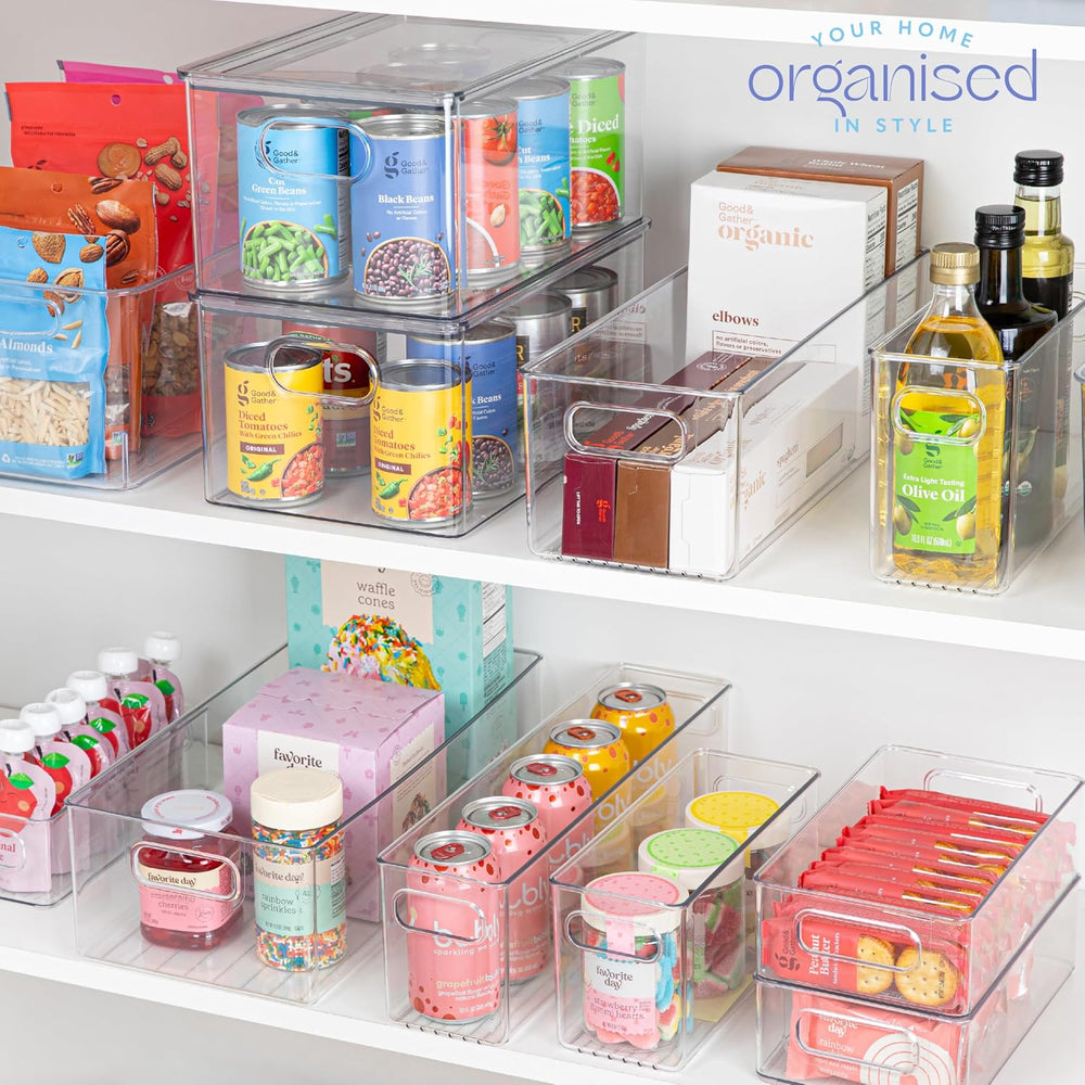 Plastic Food Storage 4 Pack Clear Container Bin with Handles for Organizing K...