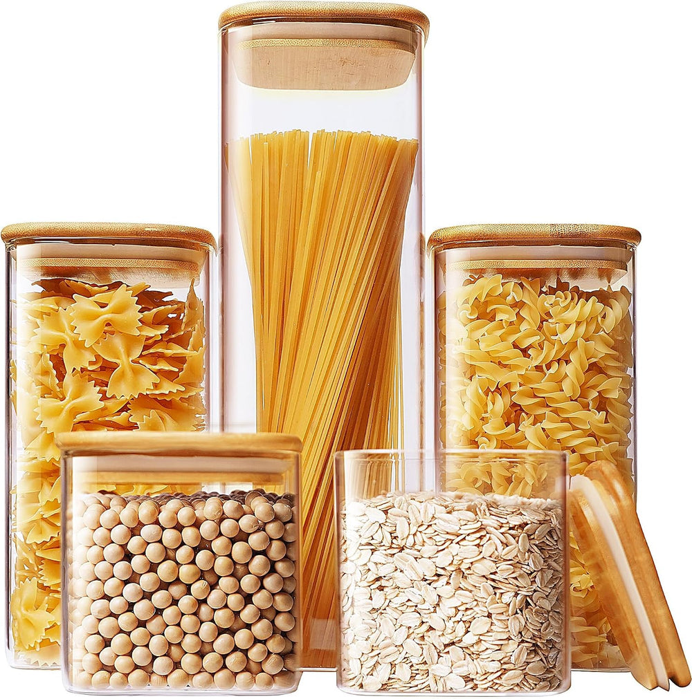 HomArtist Square Glass Jars with Bamboo Lids [Muti Size Set of 5], Glass Cani...