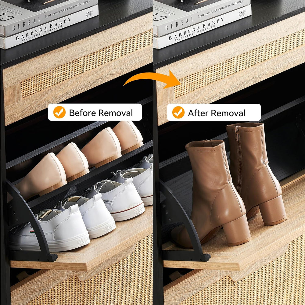 GAOMON Natural Rattan 3 Flip Door with 1 Drawer Shoe Rack Storage Cabinet, Sh...