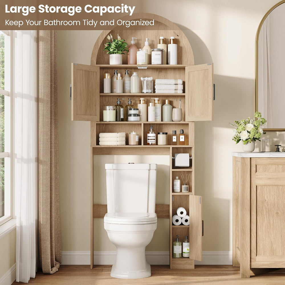 Arched Over The Toilet Storage Cabinet with Barn Doors, Natural