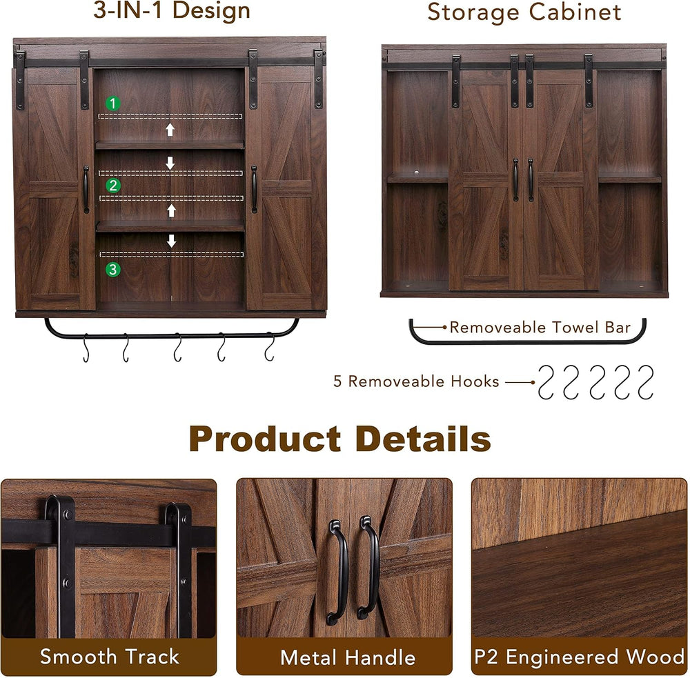 RUSTOWN Farmhouse Bathroom Wall Cabinet with Sliding Barn Door & Towel Rack