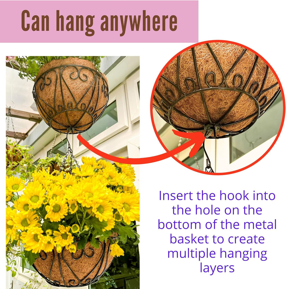 LaLaGreen Hanging Baskets (20 in, 4 Pack) Black Metal Flower Pots with Hook
