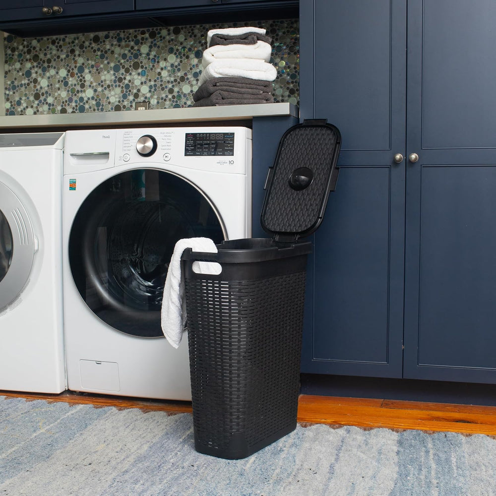 Mind Reader Slim Laundry Hamper with Lid, 40L Clothes Basket, Narrow Tapered ...