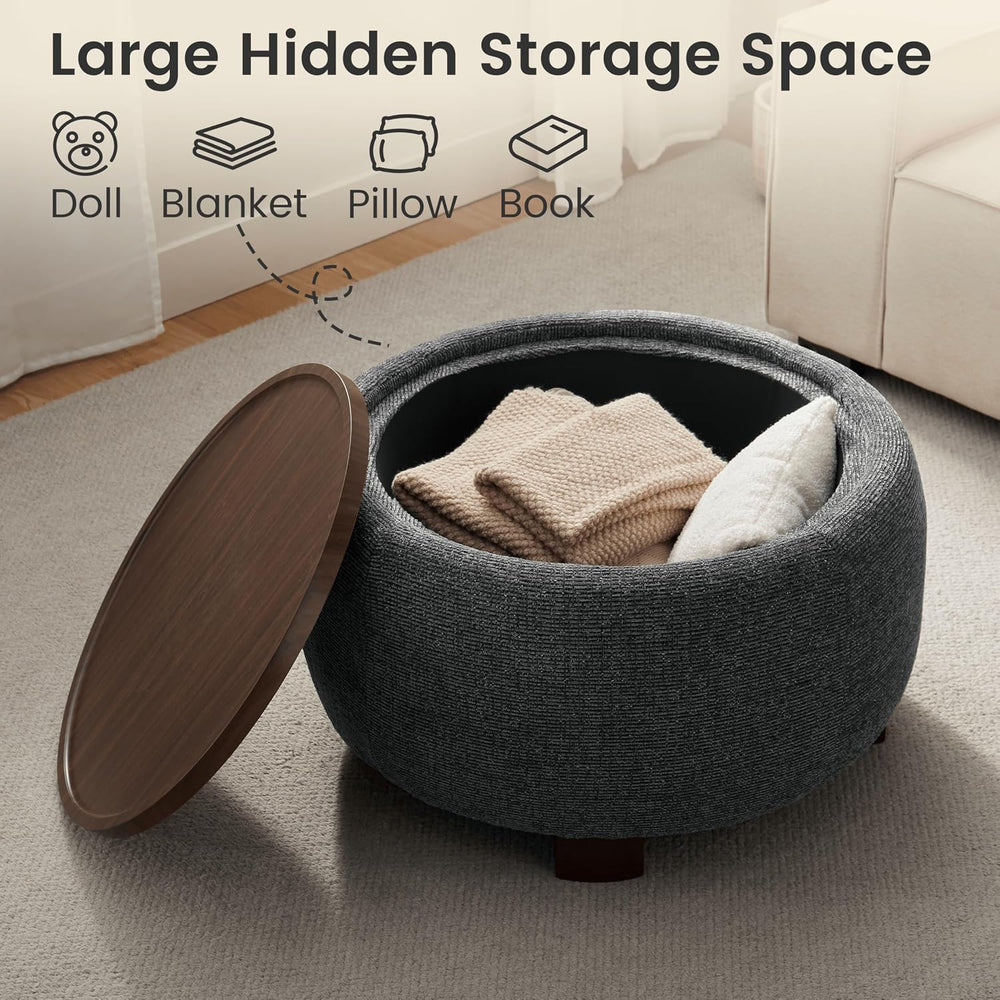 VKNOW 30 Inch Fabric Round Storage Ottoman with Wood Lift-Off Lid, Black