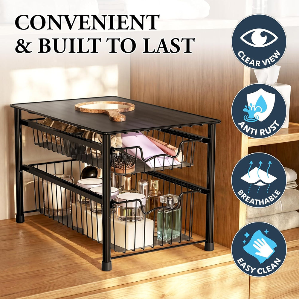 Simple Houseware Stackable Sliding Basket Organizer Drawer, Black, 2-Tier