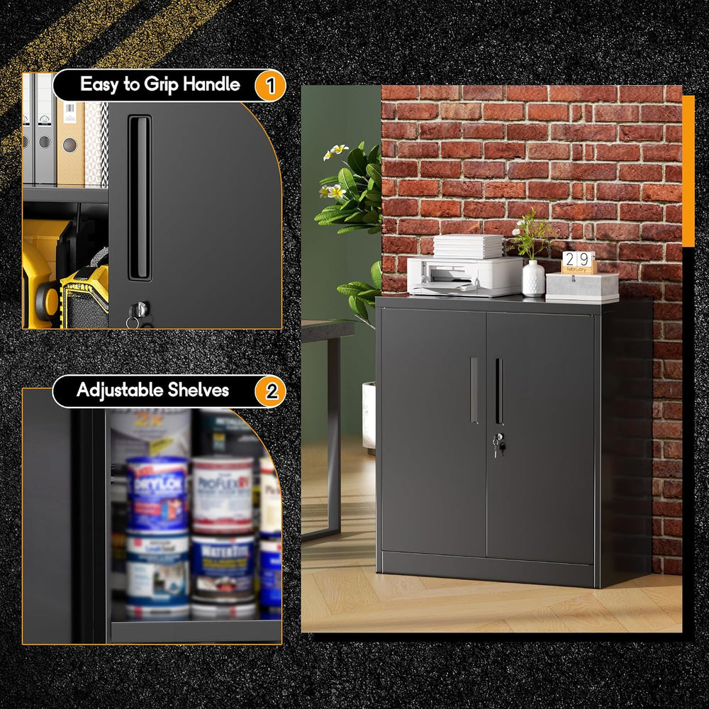 Metal Garage Storage Cabinet,36" Black Lockable Metal Cabinets with 2 Do...