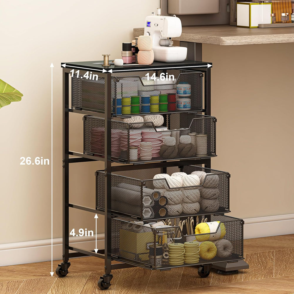 Rolling Cart with Drawers, 4-Drawer Storage Cart on Wheels with Wooden Top, M...
