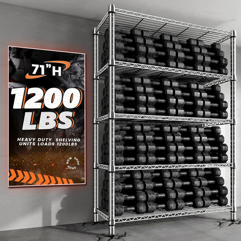 REIBII 5-Tier 1200LBS Metal Shelving, 71" H Adjustable Storage Shelf,Chrome