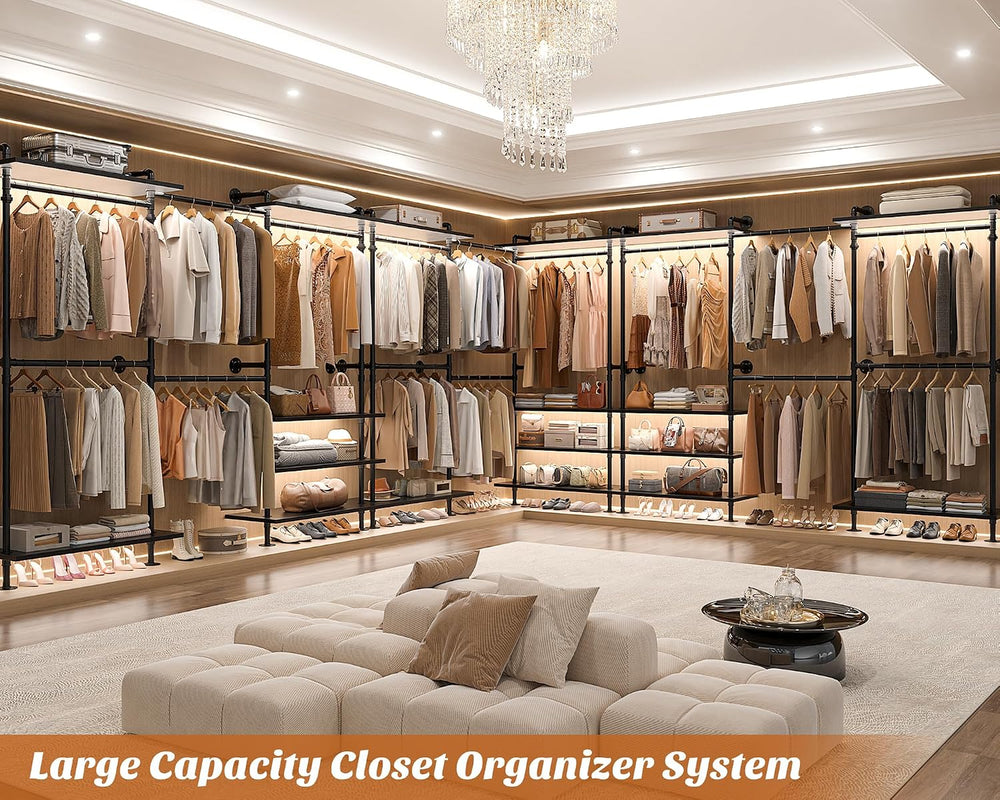 Aheaplus Industrial Pipe Clothing Rack, Expandable Garment Rack, Closet Syste...