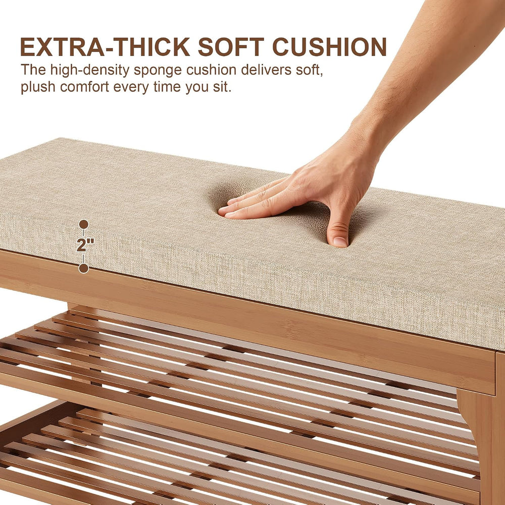 PETKABOO 27.6" Shoe Storage Bench with Cushion, Bamboo Shoe Rack Bench, ...