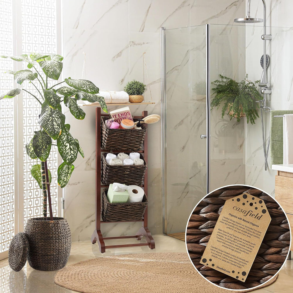 Casafield 3-Tier Floor Stand with Water Hyacinth Storage Baskets, Walnut/Espr...