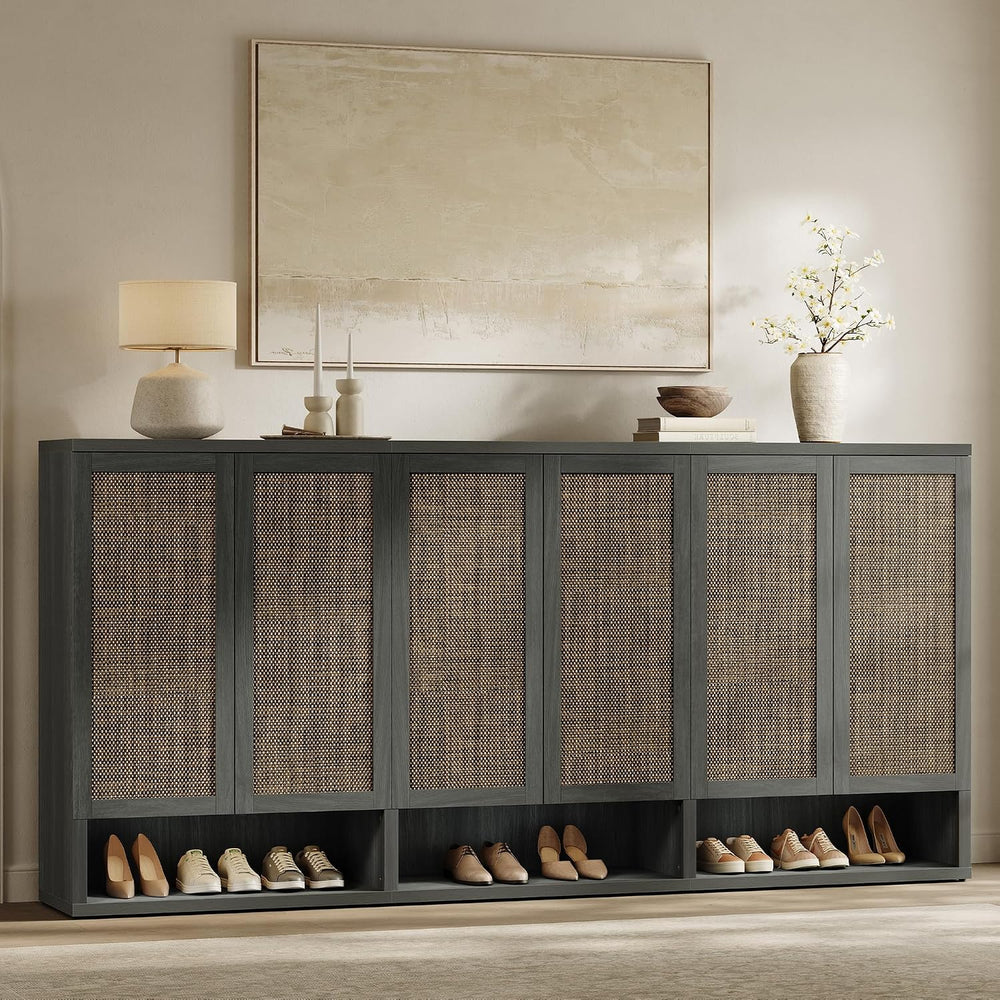 SICOTAS 96.8" Wide Tall Rattan Shoe Storage Cabinet for Entryway with Doors
