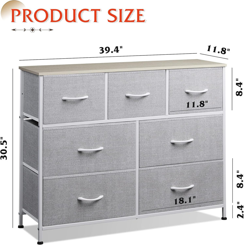 WLIVE Dresser for Bedroom, 7 Drawers, TV Stand, Light Grey