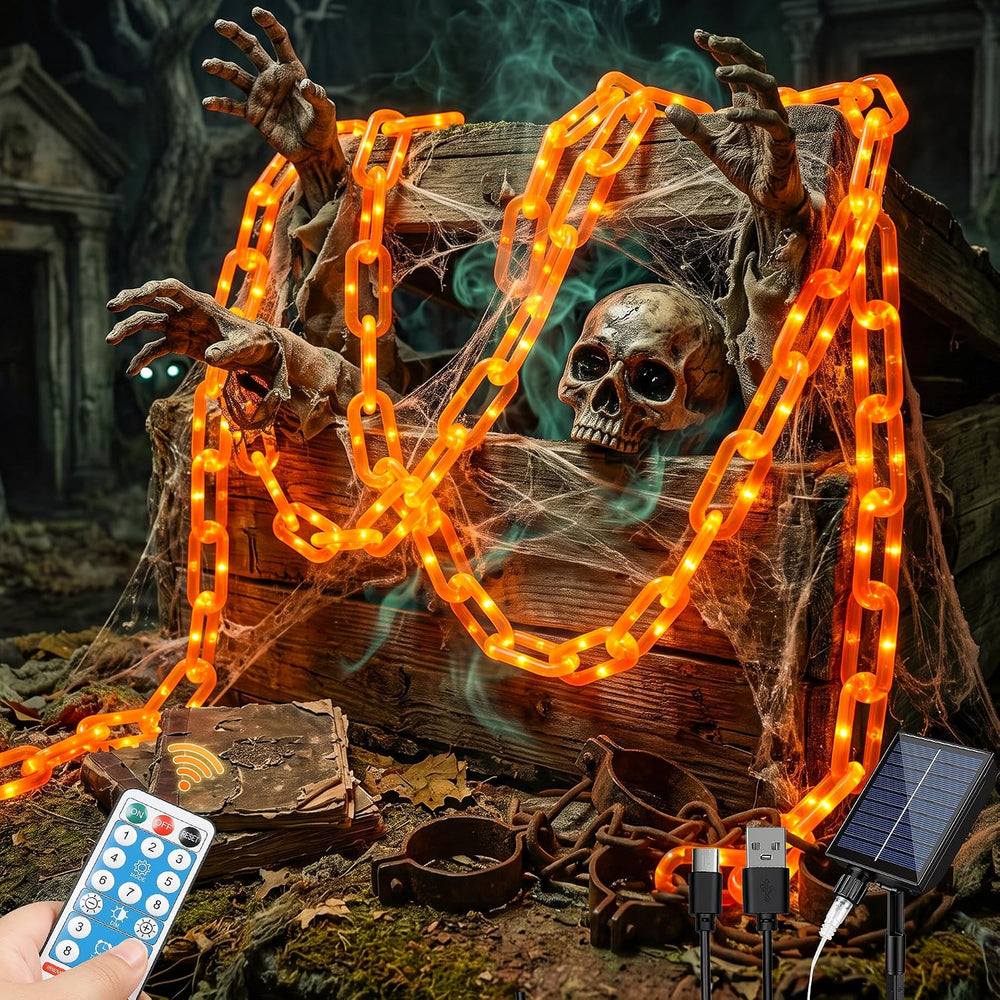 Solar Halloween Chain Lights, 10.4 FT 175 LED Orange Plastic Chain
