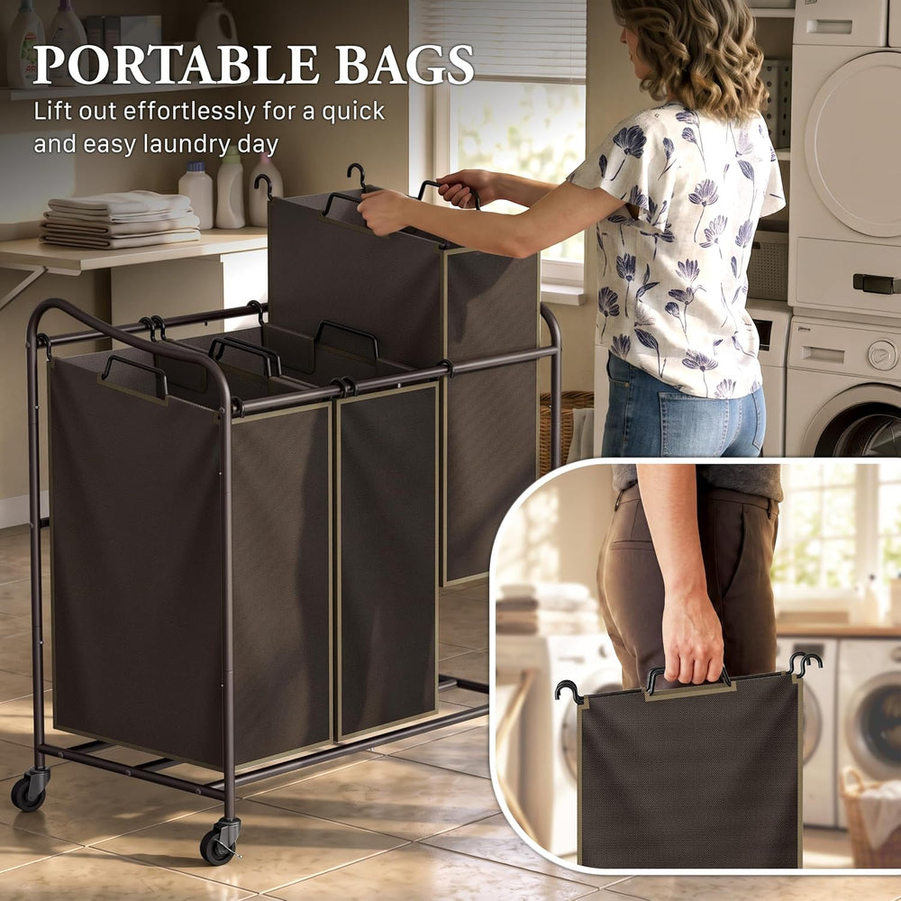 Simple Houseware Heavy Duty 3-Bag Laundry Sorter Rolling Cart, Bronze