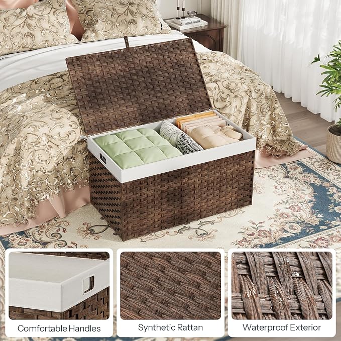 HOOBRO Storage Basket with Lid, 42.3 Gallon Wicker Basket, Handwoven Blanket