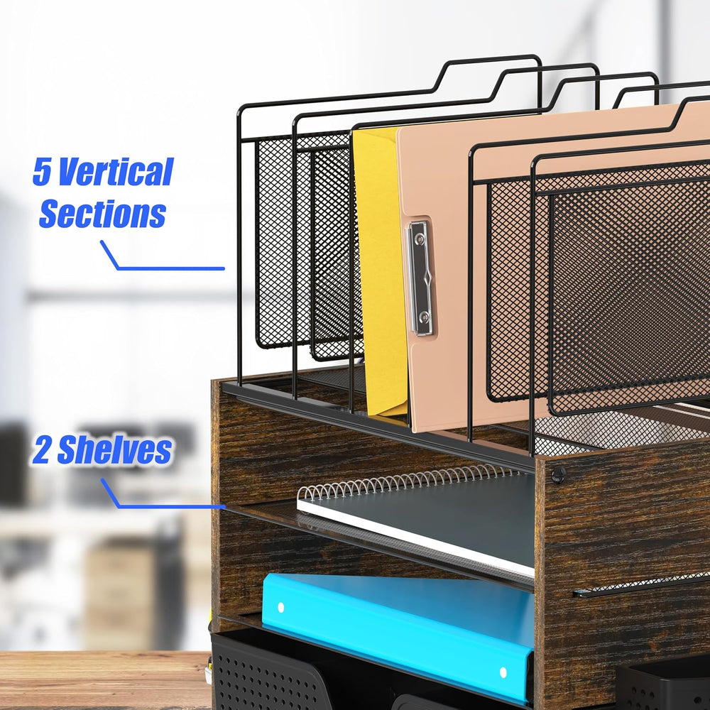 Simple Houseware Mesh Desk Organizer with Wooden Side Board, Rustic Brown