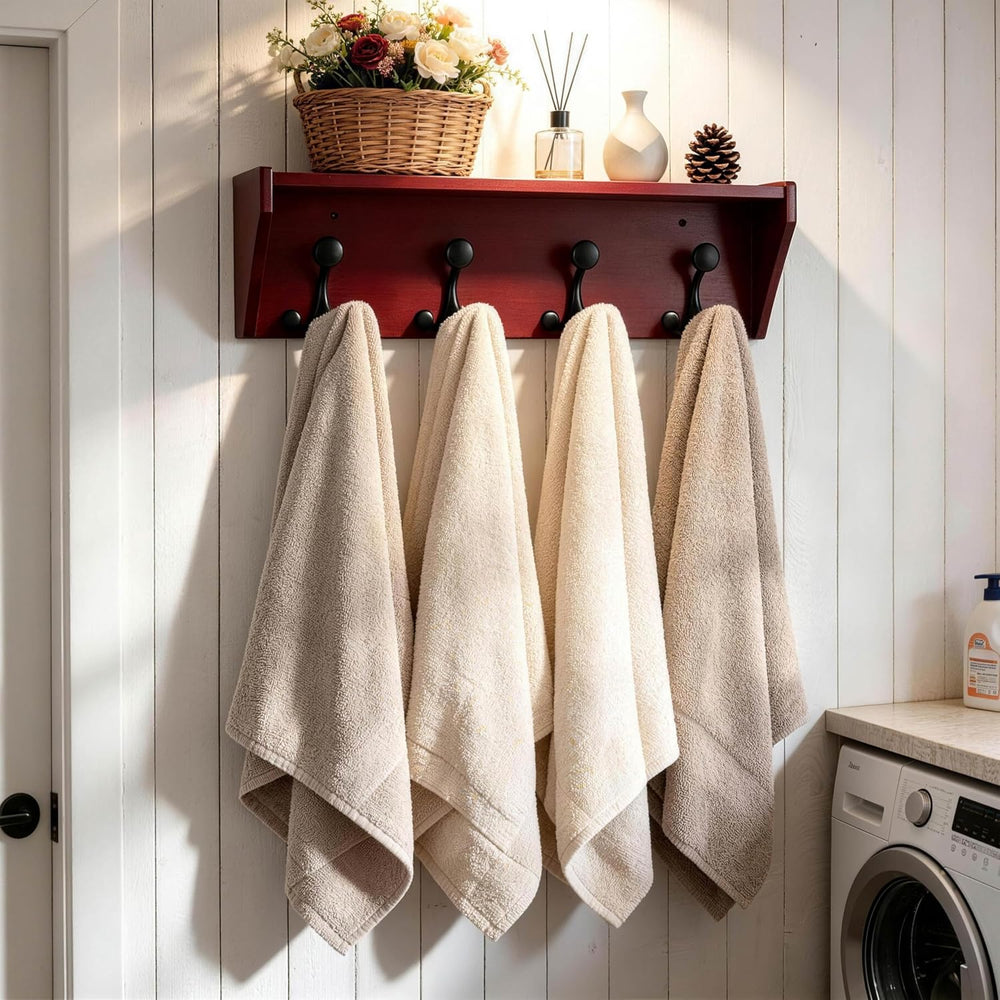 SKOLOO Wall Shelf with Hooks, 24-Inch Cherry Coat Rack Wall Mount with Shelf ...