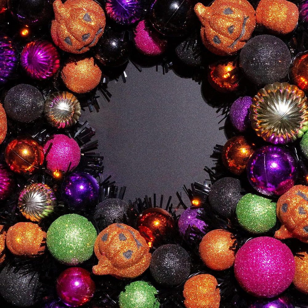 18 Inch Halloween Ball Wreath with Lights and Pumpkin Ornaments