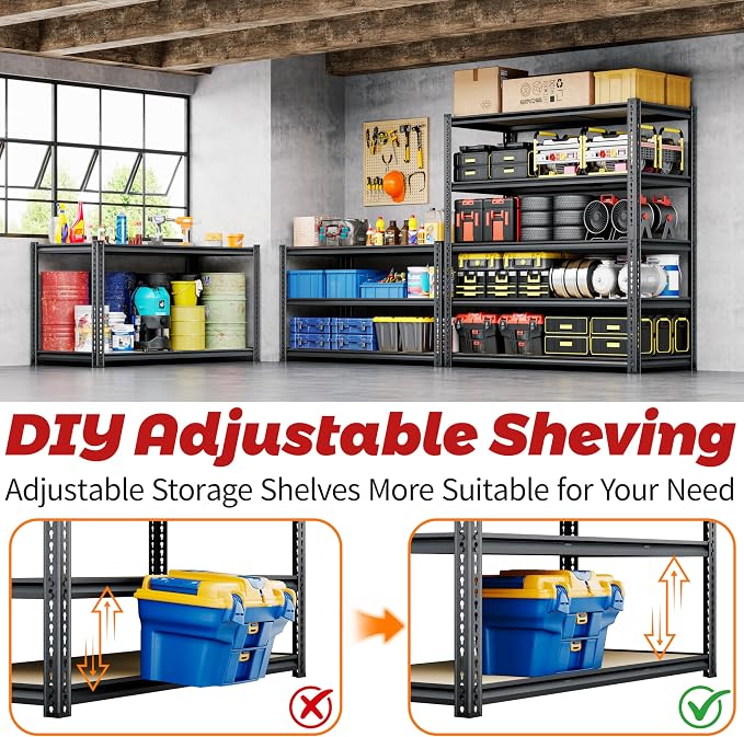 72"H Storage Shelves heavy duty, 2000LBS Garage Shelving, 5 Tier Metal S...