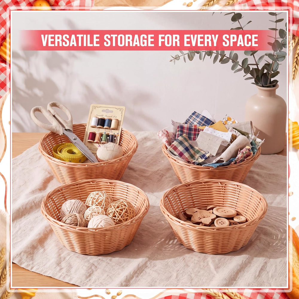 12 Pack Oval Wicker Bread Baskets with 100 Paper Liners, 7.1 x 7.1 x 3.1 in