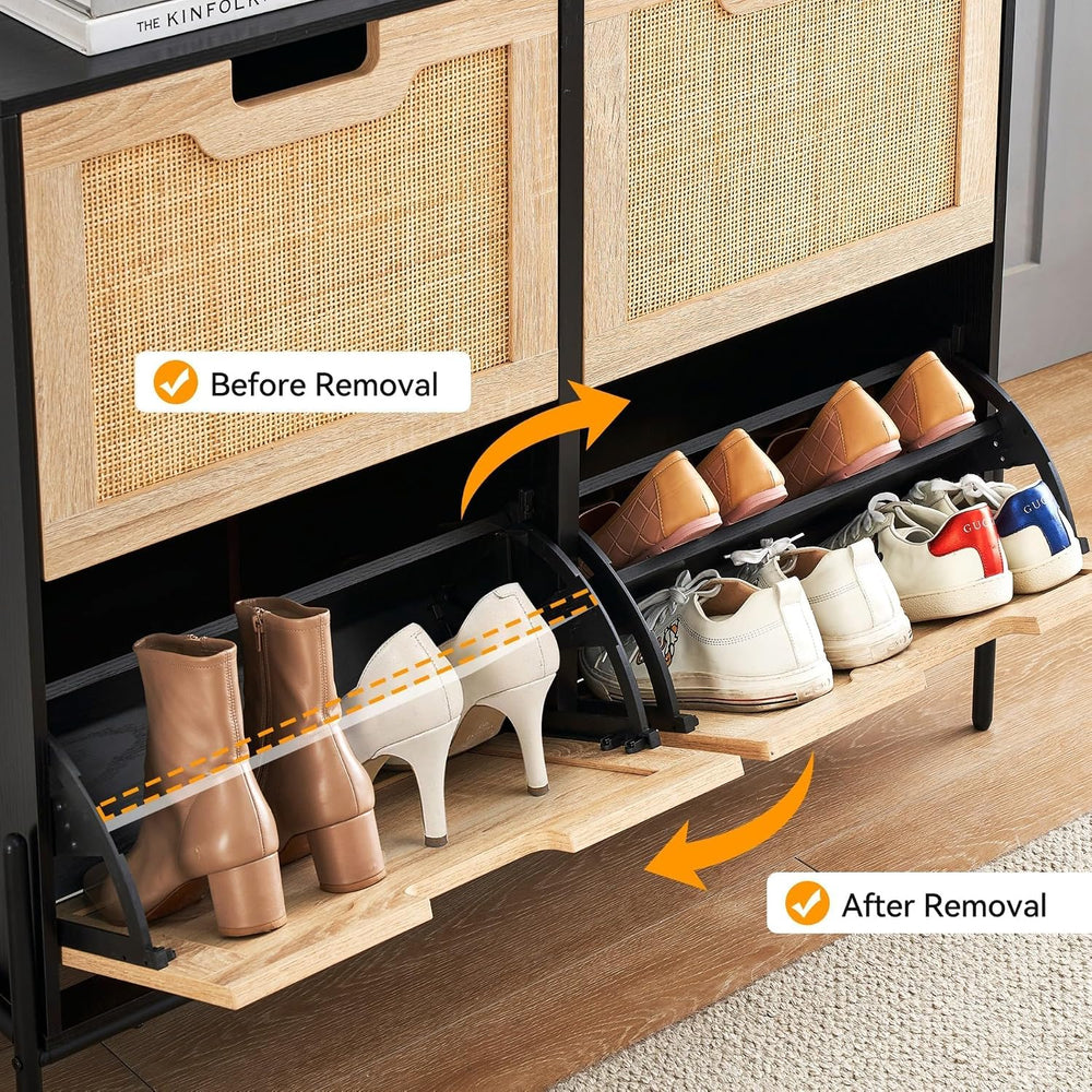 IDEALHOUSE Natural Rattan 4 Flip Door Shoe Cabinet Organizer Freestanding, Mo...