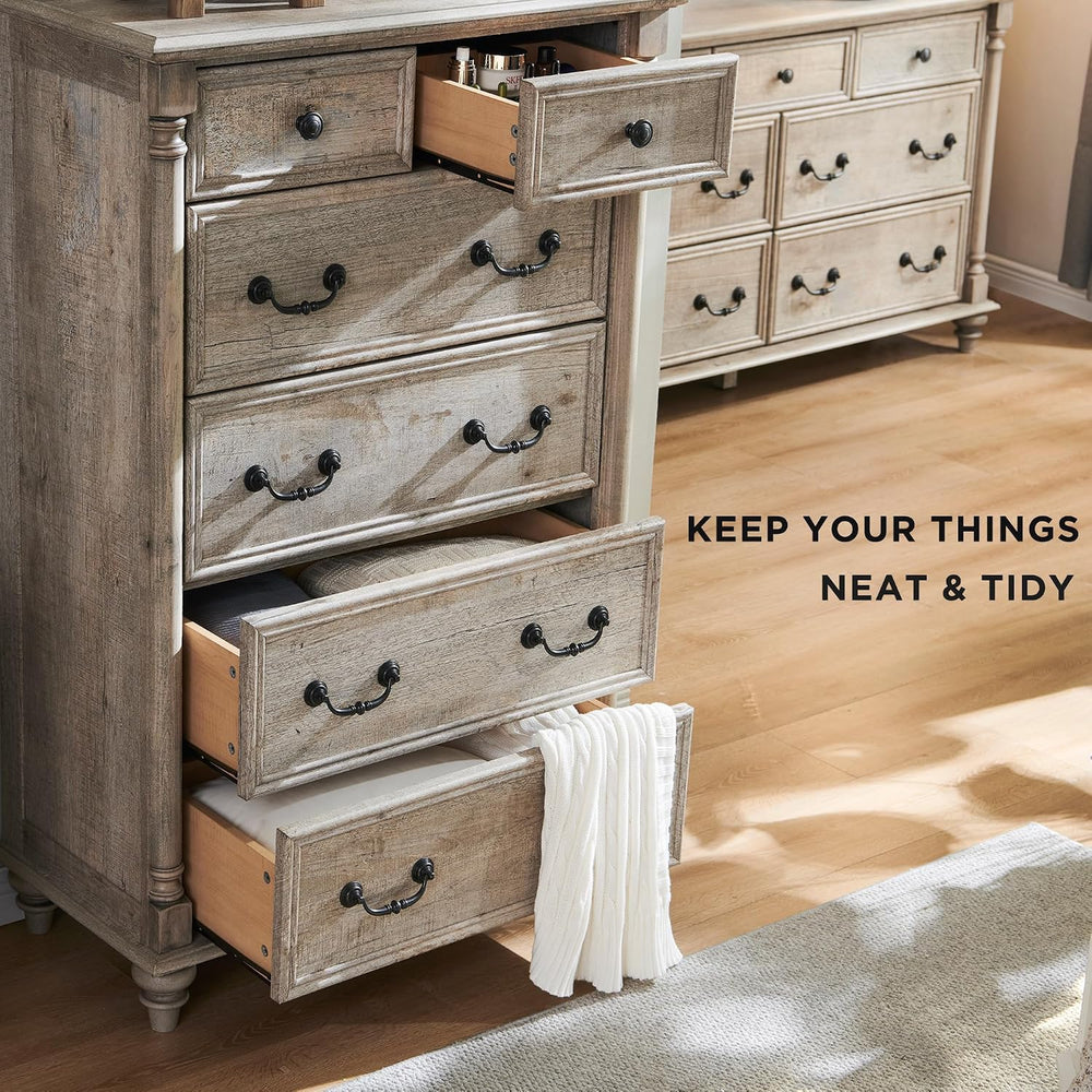 T4TREAM Farmhouse 6-Drawer Dresser with Solid Wood Feet, Light Rustic Oak