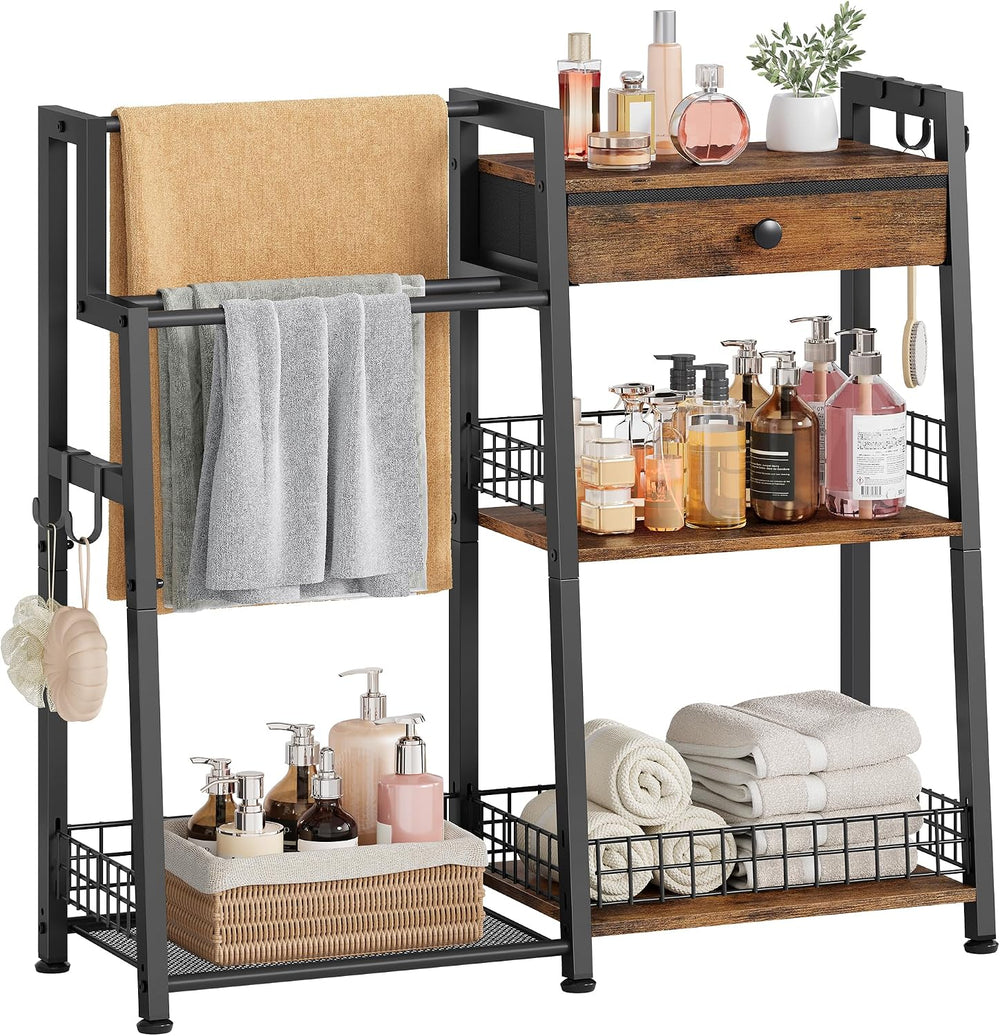 2-in-1 Bathroom Ladder Shelf with Towel Rack & Drawer,Rustic Brown