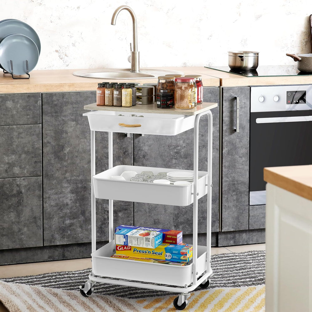 Simple Houseware 3-Tier Rolling Utility Cart with Drawer & Wood Top, Maple