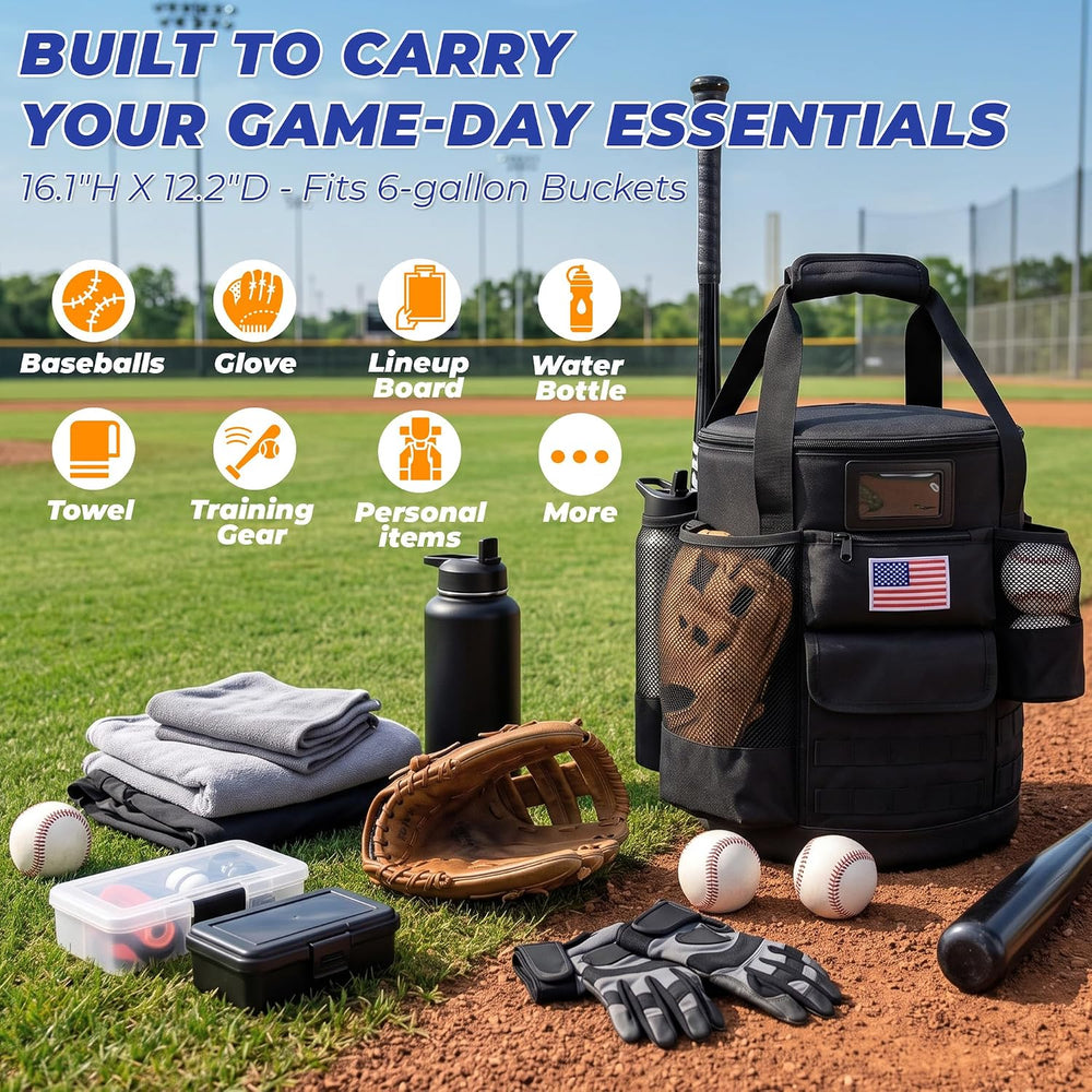 Baseball Bucket Bag, Baseball Equipment Bag with Multiple Pockets