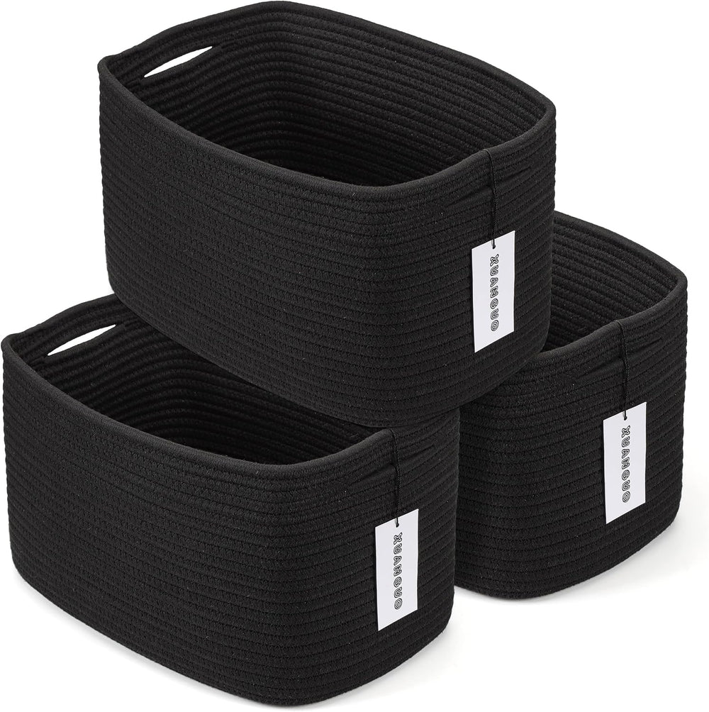 XUANGUO Woven Cotton Rope Storage Baskets 15x10x9.3" 3 Pack Black