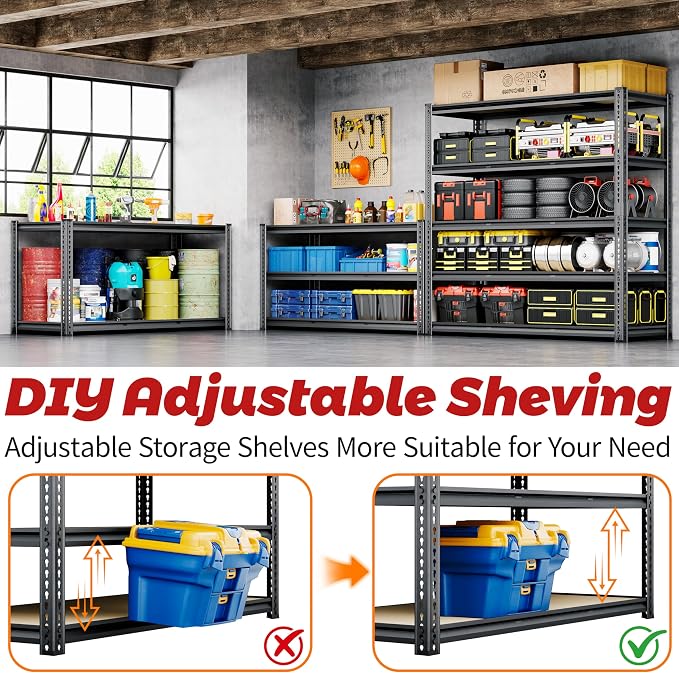 48"W Garage Shelving, 3050LBS Storage Shelves Heavy Duty, 5 Tier Metal S...