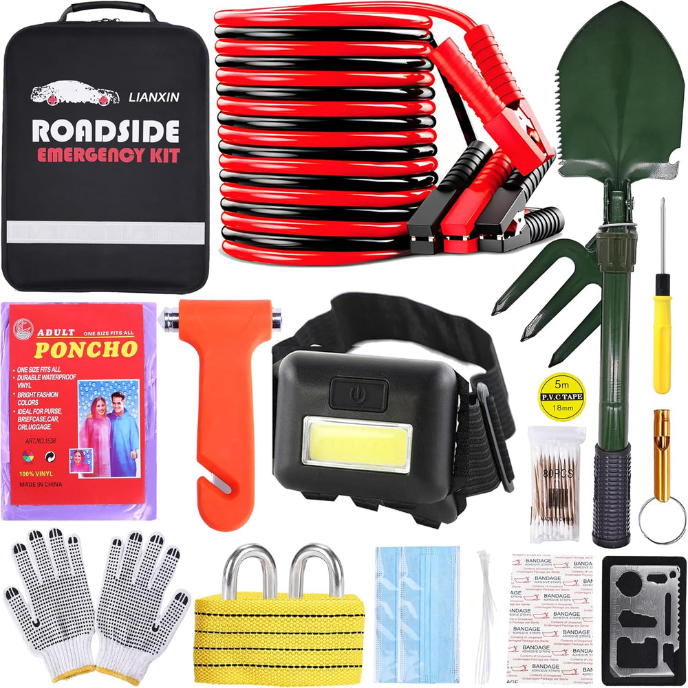 LIANXIN Emergency Car Kit,Car Safety Kits with Jumper Cables Safety Hammer