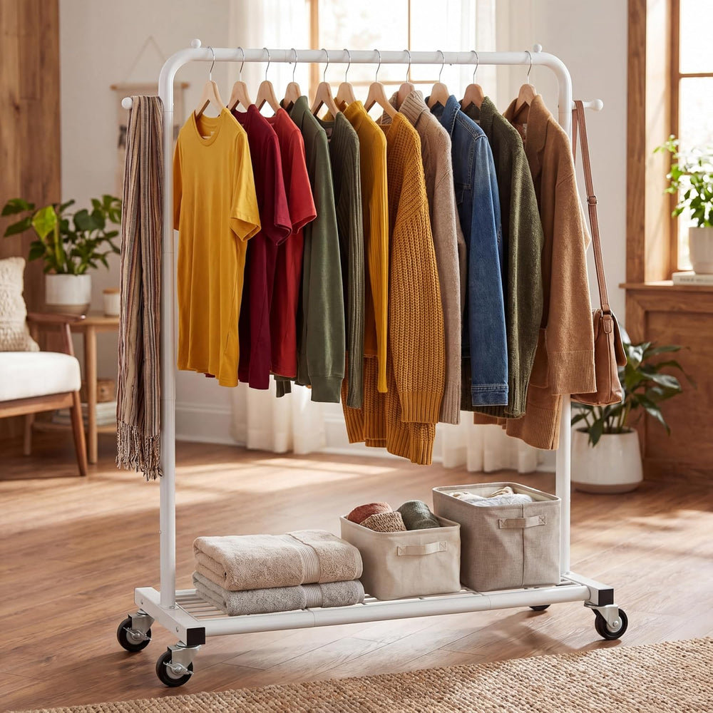 Sywhitta Metal Clothing Rack on Wheels with Mesh Shelf, for Clothes,White