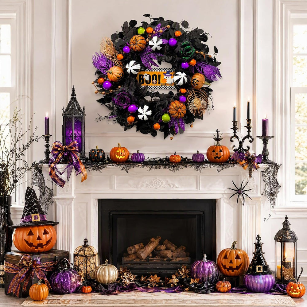 24'' Halloween Wreath for Front Door with Orange Purple Lights