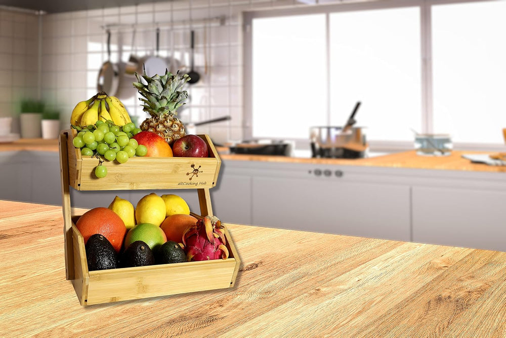 Bamboo Open-Front Stacking Storage Bin -Configurable as 2-Tier Fruit Basket