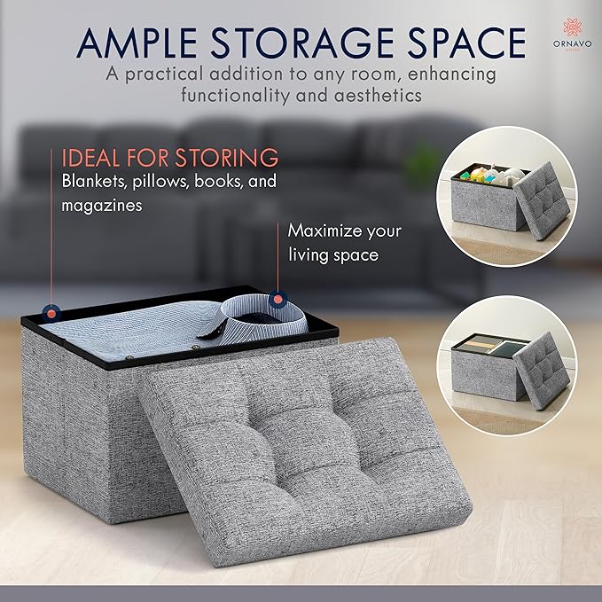 Ornavo Home Small Storage Ottoman, Foldable Collapsible Rectangle Linen Ottom...