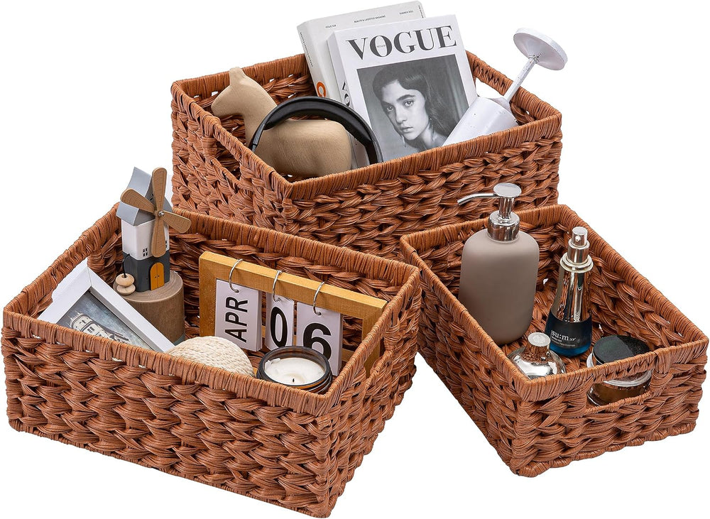 Set of 3 Wicker Storage Baskets, Decorative Baskets With Built-in Handles, Mu...