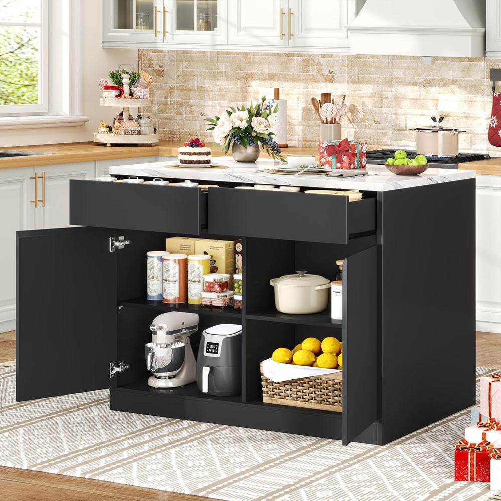 DynJest Kitchen Island with Storage, 47.2" Large Faux Marble Countertop