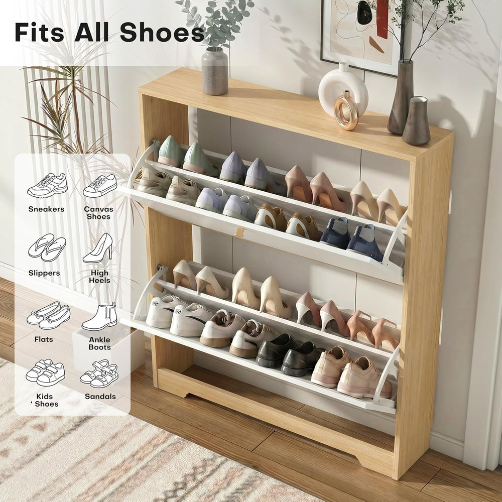 Nicetree Shoe Storage Cabinet with 2 Flip Drawers, Natural Oak and White